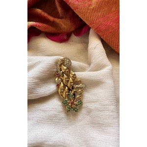 Flower Leaf Saree Pin - Green with Red