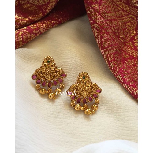 Antique gold alike AD stone Double peacock with gold beads Stud - Red