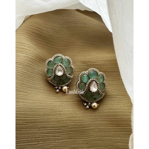 Victorian Kemp Flower Pearl Drop Stud - Pastel Blue