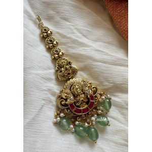 Gold alike Kundan Jadau AD Stones Lakshmi Peacock Tikka -  Pastel Beads