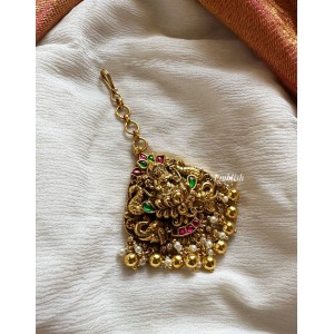 Kundan Jadau Lakshmi with Peacock Tikka - Gold Beads