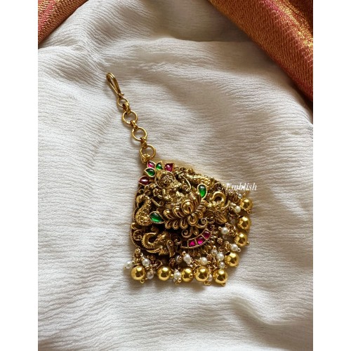 Kundan Jadau Lakshmi with Peacock Tikka - Gold Beads