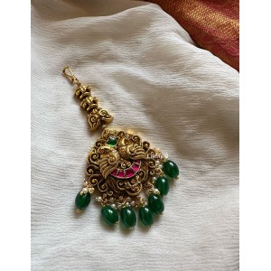Kundan Jadau Double Peacock Intricate Tikka - Green Beads