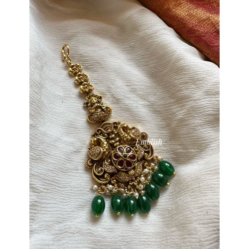AD Lakshmi Flower with Double Peacock Tikka - Green Beads
