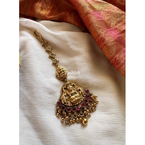 Antique Lakshmi Flower with Haathi Gold Drops Tikka - Red