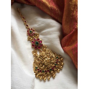 Lakshmi with double peacock Flower Tikka - Gold Beads