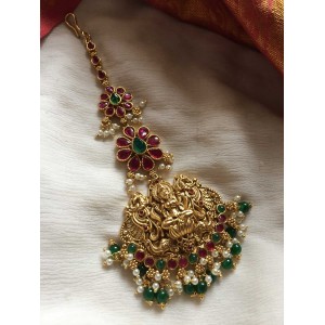 Lakshmi with double peacock Flower Tikka - Green Beads