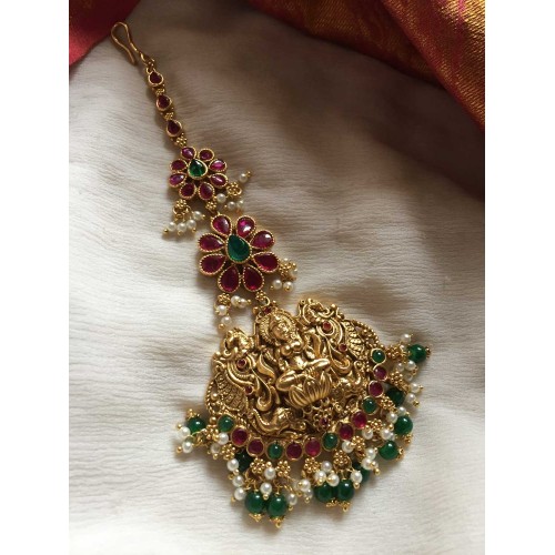 Lakshmi with double peacock Flower Tikka - Green Beads