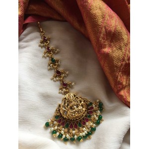Lakshmi with Haathi Gold Drops Tikka - Green Beads