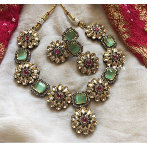 Victorian Kundan Flower Rectangle Neckpiece - Mint Green