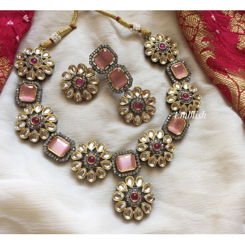 Victorian Kundan Flower Rectangle Neckpiece - Pastel Pink