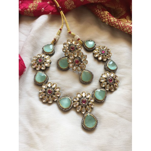 Victorian Kundan Flower Neckpiece - Pastel Blue