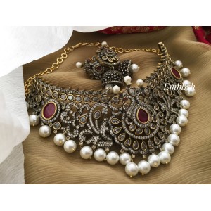 Grand Victorian Double Peacock High Neck Choker - Red