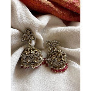 Victorian Flower Jhumkha - Red Beads