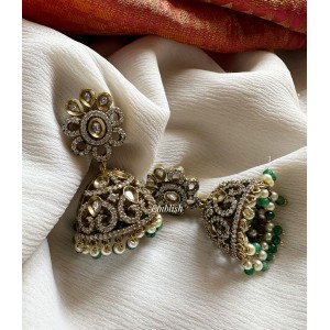 Victorian Flower Jhumkha - Green Beads