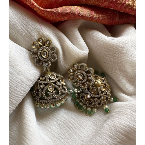 Victorian Flower Jhumkha - Pastel Green Beads