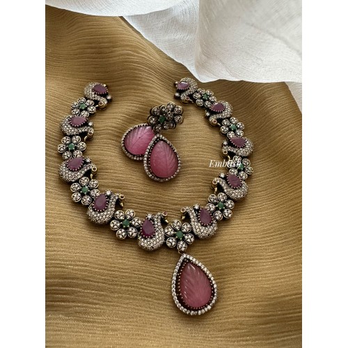 Victorian Flower Peacock Leaf Intricate Tear drop Neckpiece - Pink