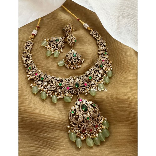 Victorian Kundan Jadau Flower Double Peacock Pastel Bead Neckpiece