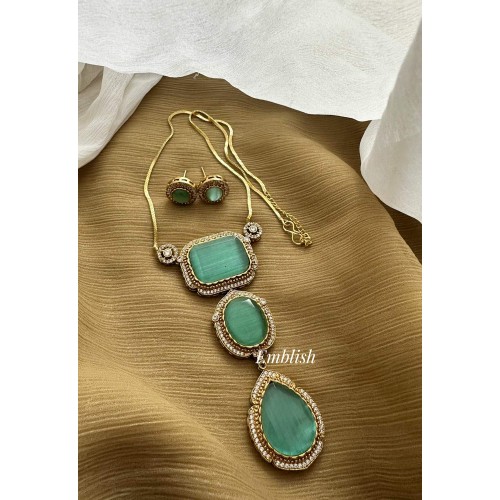 Victorian Mosanite Stone Pendant Chain Set - Pastel Blue
