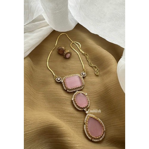 Victorian Mossanite Stone Pendant Chain Set - Pastel Pink