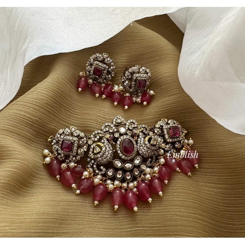 Victorian Flower with Double Peacock Choker - Red