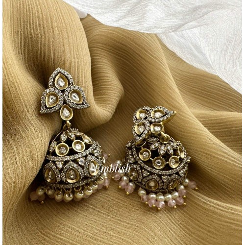 Victorian Flower Jhumkha - Pastel Pink Pearl Beads