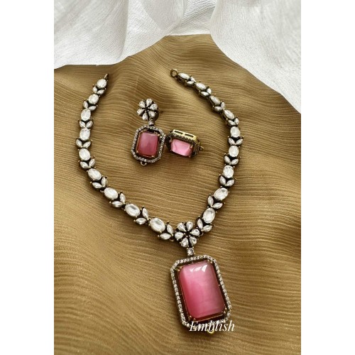 Victorian Mosanite Flower Pendant Set - Pastel Pink