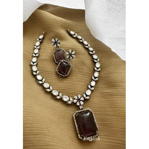 Victorian Mosanite Flower Pendant Set - Purple