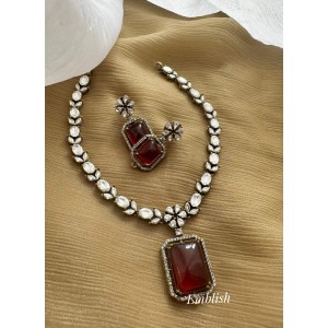 Victorian Mosanite Flower Pendant Set - Red