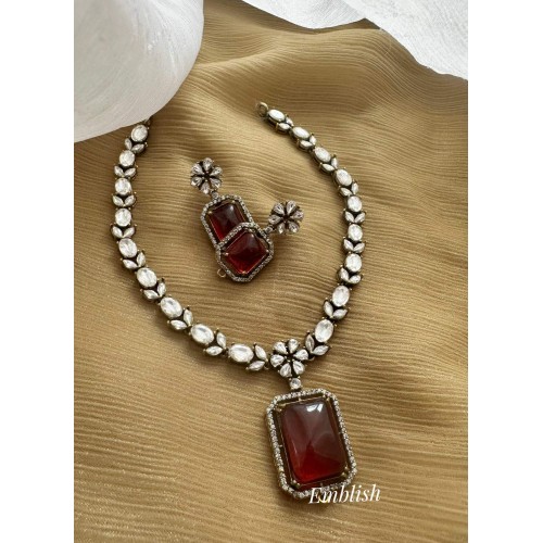 Victorian Mosanite Flower Pendant Set - Red