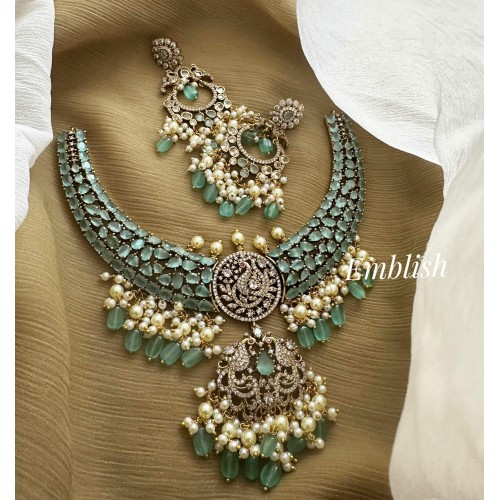 Royal Victorian Peacock with Double Peacock Pendant Short Neckpiece - Pastel Blue
