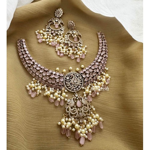 Royal Victorian Peacock with Double Peacock Pendant Short Neckpiece - Pastel Pink