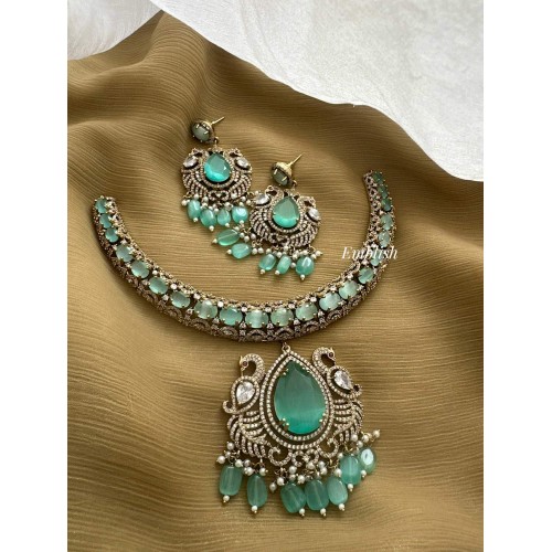 Grand Victorian Double Peacock Pendant Short Neckpiece - Pastel Blue