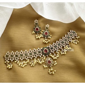 Victorian Kemp Double Flower Pendant Pearl Choker 
