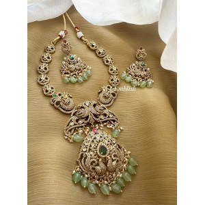 Victorian Kundan Jadau Double Peacock Pendant Pastel Bead Neckpiece - Green