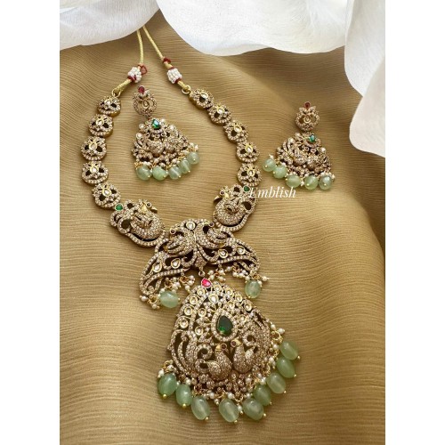 Victorian Kundan Jadau Double Peacock Pendant Pastel Bead Neckpiece - Green