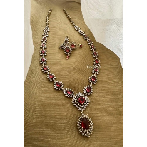 Fancy Victorian Flower Tear Drop Long Neckpiece - Glossy Red