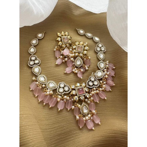 Victorian Square Shape Flower Tear Drop Green Bead Neckpiece - Pastel Pink