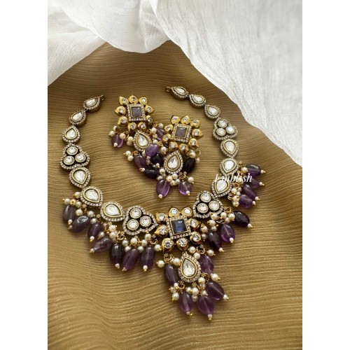 Victorian Square Shape Flower Tear Drop Green Bead Neckpiece - Purple
