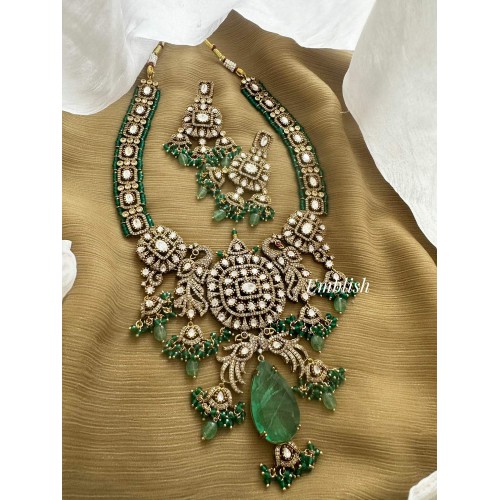 Grand Royal Victorian Mosanite Flower with  Peacock Green Bead Neckpiece - Green