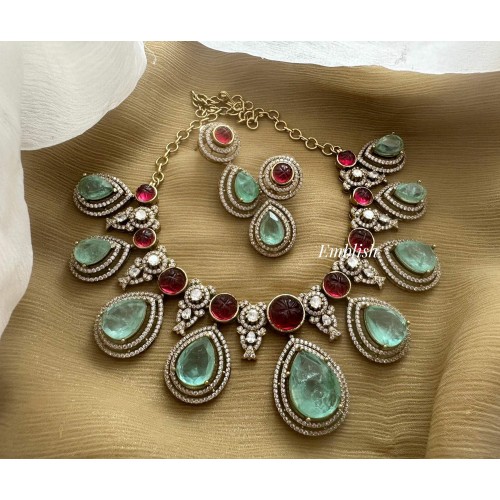Royal Victorian Mossanite Flower Tear Drop Neckpiece - Pastel Blue