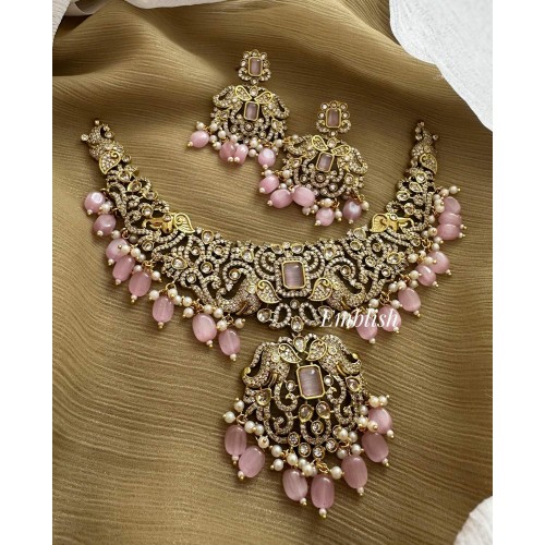 Victorian Double Haathi Pendant Flower Short Neckpiece - Pastel Pink