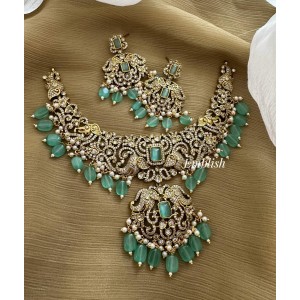 Victorian Double Haathi Pendant Flower Short Neckpiece - Pastel Blue