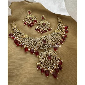 Victorian Double Haathi Pendant Flower Short Neckpiece - Red