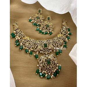 Victorian Double Haathi Pendant Flower Short Neckpiece - Green