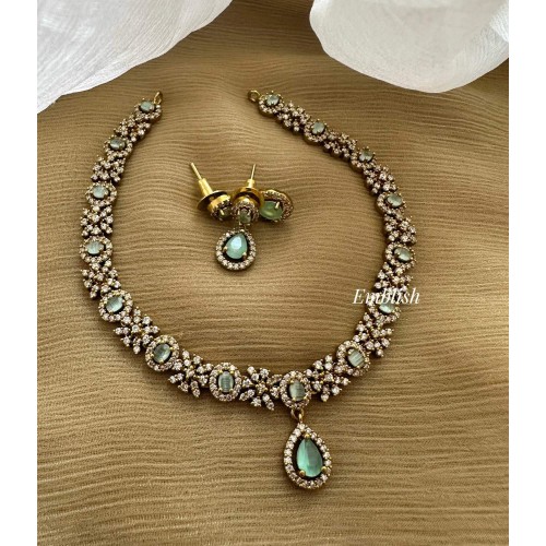 Victorian Oval Shape Flower Tear Drop Neckpiece - Pastel Blue