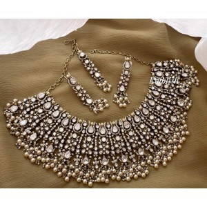 Royal Grand Victorian Mossanite Flower Lotus Chandelier Pearl Drop Choker - White