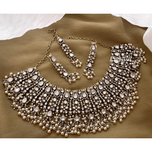 Royal Grand Victorian Mossanite Flower Lotus Chandelier Pearl Drop Choker - White