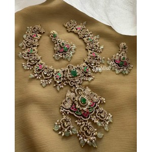 Grand Royal Victorian Flower Peacock Kundan Jadau Peacock Haathi Pendant Short Neckpiece