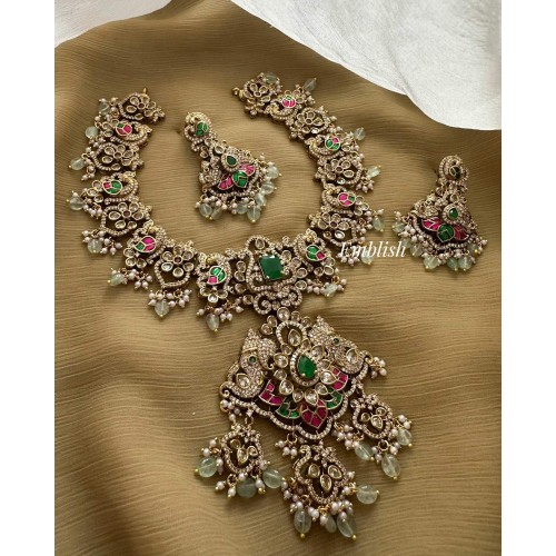 Grand Royal Victorian Flower Peacock Kundan Jadau Peacock Haathi Pendant Short Neckpiece